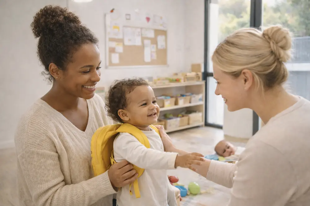 Moment de séparation parent-enfant en crèche entre maman et bébé
