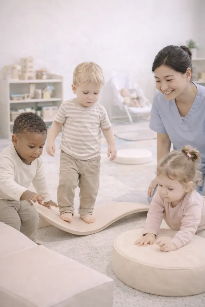 motricité libre en crèche avec 3 enfants